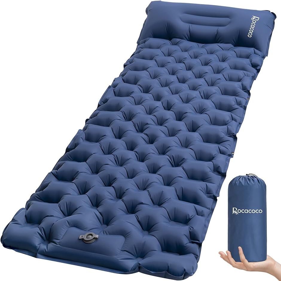 10cm厚さ エアーマット エアマット キャンプマット 足踏み式 枕付き折畳み式 40Dナイロン+TPU生地 キャンプ用品( Blue)｜horikku
