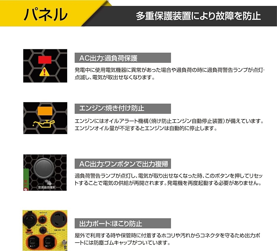 インバーター発電機 定格出力2.5kVA 正弦波 過負荷保護 静音 高出力 軽量 50Hz/60Hz切替 ガソリン発電機 ポータブル発電機｜horikku｜07