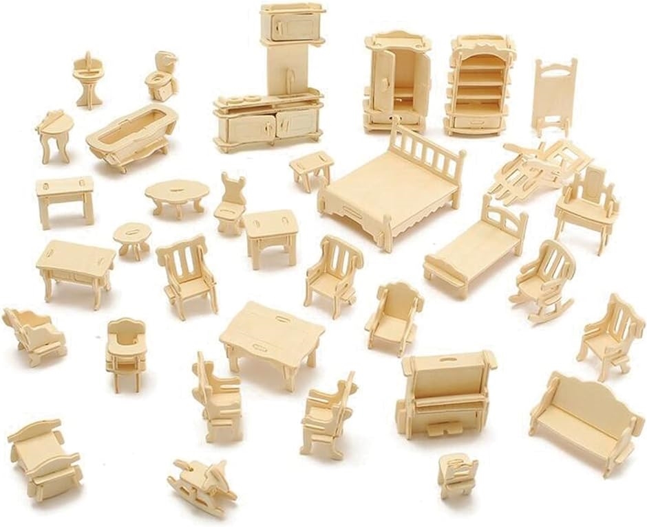 木製 ミニチュア家具 セット ドールハウス 簡単 組み立て キット 工具不要 おままごと 小さい家具( ベージュ)