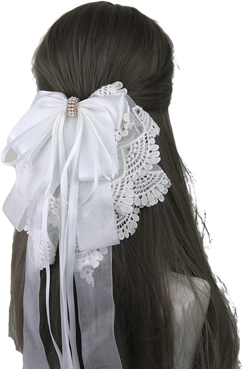 ヘッドドレス ロリータ リボン レース コスプレ ヘアピン 蝶結び バレッタ( ホワイト)
