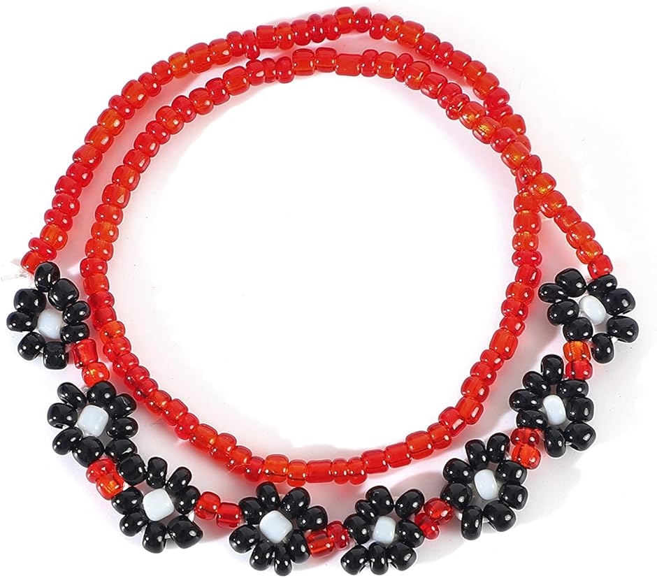 ビーズ ブレスレット 赤 花柄 伸縮性あり 重ね付け風 人気ファッション フリーサイズ