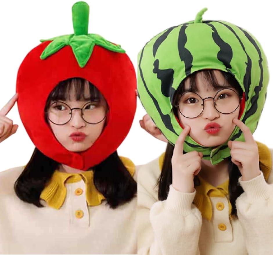 ハロウィン コスプレ かわいい フルーツ かぶりもの 果物 おもしろ 野菜 マスク( 緑スイカ+赤トマトセット)｜horikku