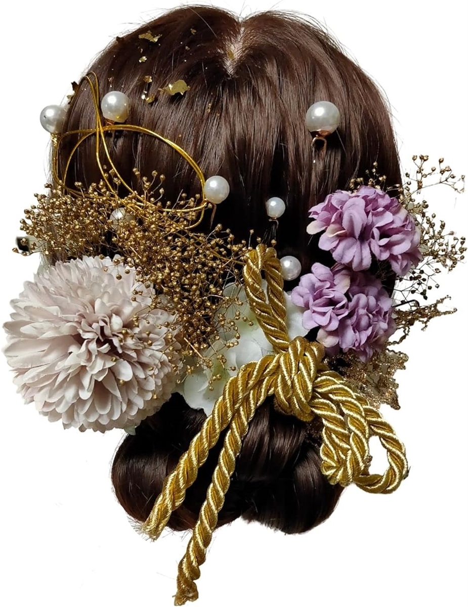 母の日 髪飾り 金箔 水引 パール ドライフラワー 造花( ノーブルパープル,  Free Size)