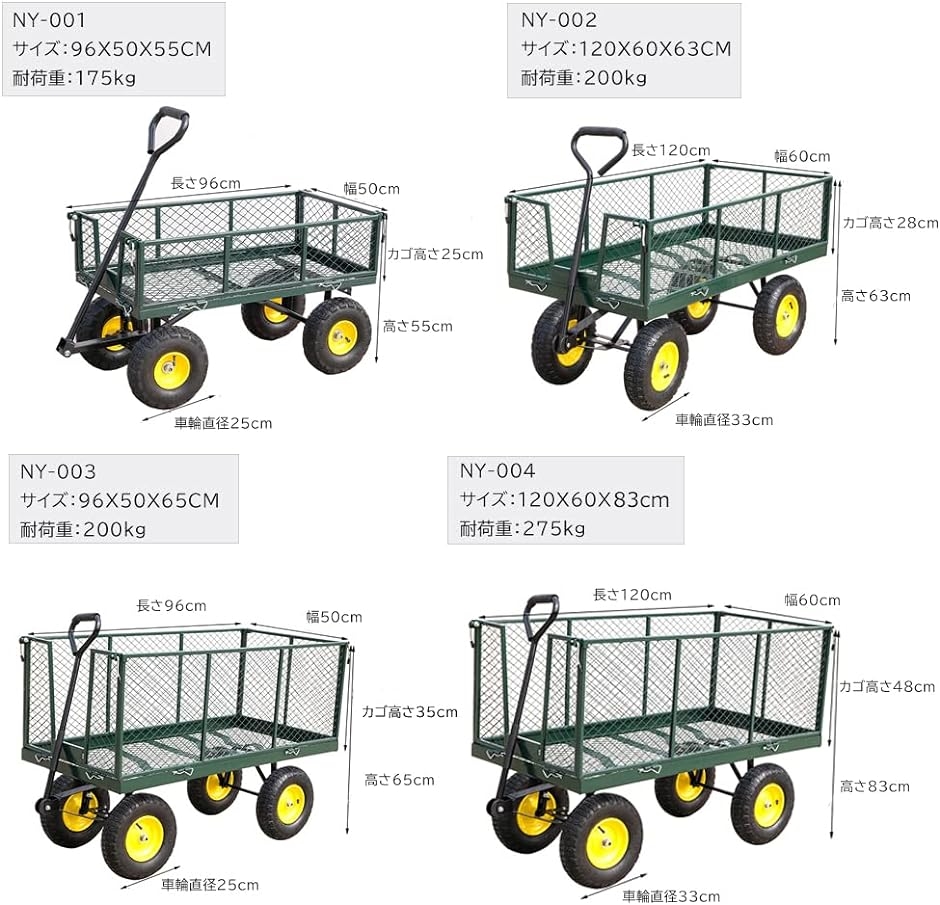 ガーデンカート キャリーカート ワゴン サイド取り外し可 スチールメッシュ 耐荷重175kg カゴ付き台車( 96X50X55CM)｜horikku｜06