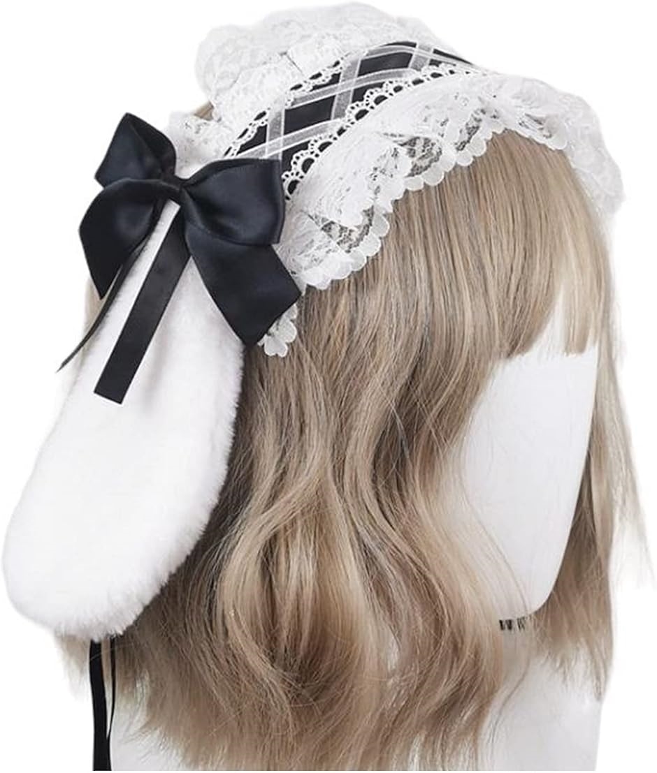 ヘッドドレス カチューシャ 髪飾り レディース コスプレ リボン うさ耳 メイド服 うさぎ レース(ブラック)