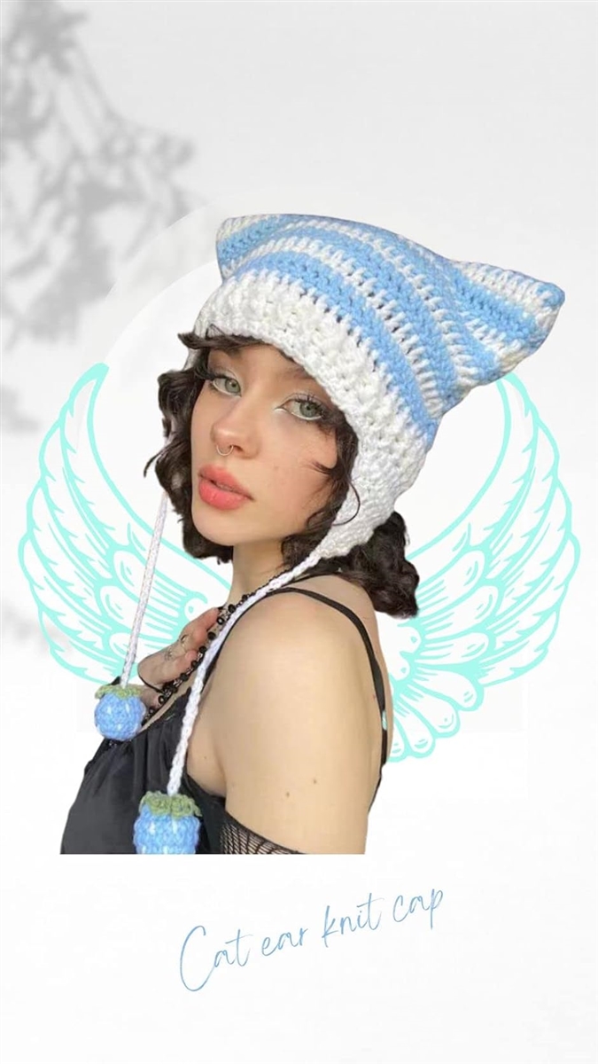 Bg3 猫耳ニット帽 帽子 サブカル系 y2k 地雷系ファッション(水色, 57.0