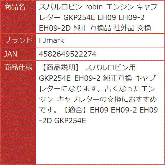 互換品 スバルロビン robin エンジン キャブレター GKP254E EH09 EH09-2 EH09-2D 純正 社外品 交換｜horikku｜06