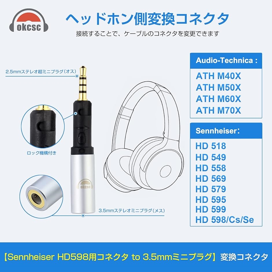 HD598-3.5mm 変換コネクター ヘッドホン用 Sennheiser ゼンハイザー用( HD518/HD558/HD598用)｜horikku｜02