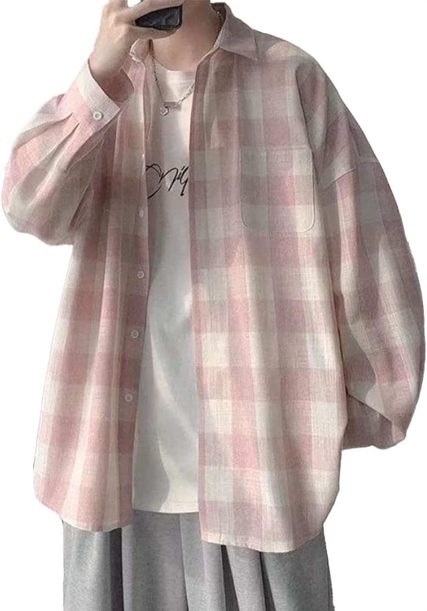 チェックシャツ メンズ 長袖 ポケット付き オシャレ オーバーサイズシャツ( ピンク,  M)｜horikku