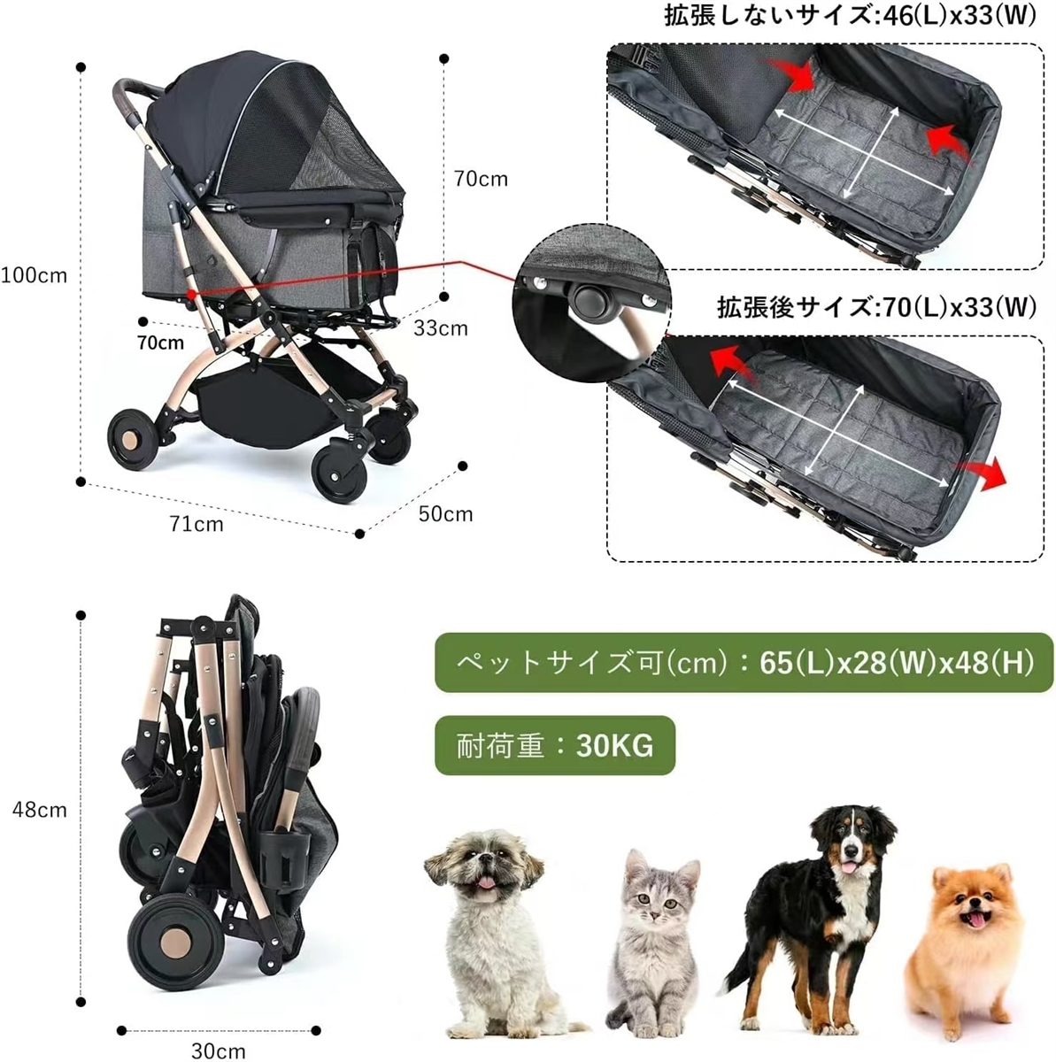 ペットカート バギー 4輪 小型犬 中型犬 猫 ペットキャリー 介護用カート MDM( ブラック+グレー)｜horikku｜08