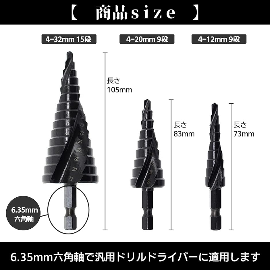 ステップドリル タケノコドリル 六角軸 スパイラル 穴あけ 3本セット( Black,  4-32mm/4-20mm/4/12mm)｜horikku｜04