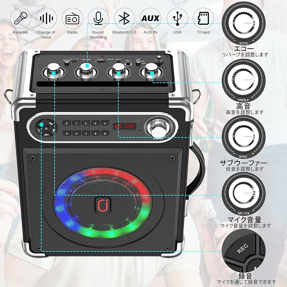 スピーカーセット 拡声器 ワイヤレスマイク２本 Bluetooth 5.0対応 高低音強化機能搭載( 黒)｜horikku｜04