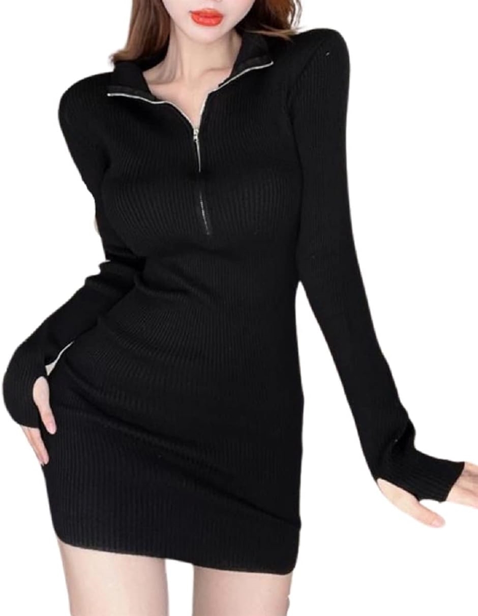 KAREN MILLEN ミニドレス ハVネック ジッパー 長袖 タイト KAREN MILLEN】ジップ シフォンスリーブ ニットドレス(送料込)