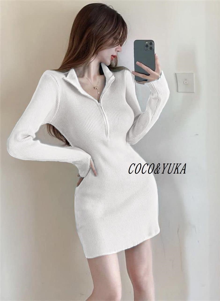 タイト ニット ミニワンピース 胸元 ジップ 長袖 Vネック レディース