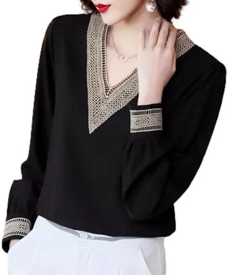 レース Vネック 長袖 バイカラー ブラウス JS18-BK-2XL(ブラック,  2XL)