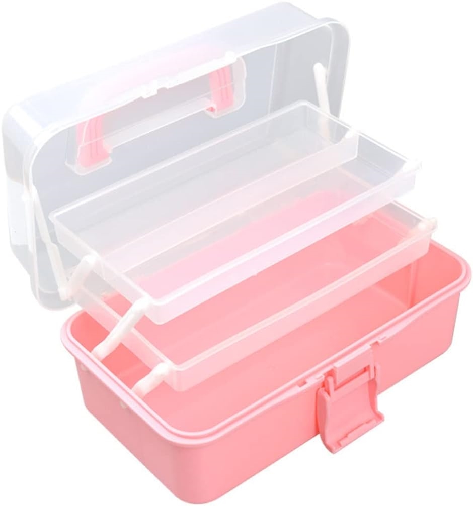 ツールボックス 大容量 収納ボックス 多機能 折り畳み 3段式 工具 小物入れ 裁縫道具 取っ手付き( ピンク)