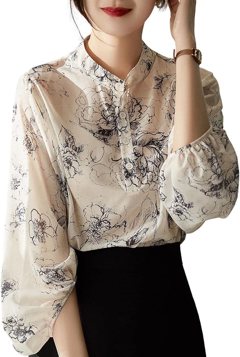 絵画風フラワープリントブラウス ノーカラー パフスリーブ シースルー JS46-IV-2XL(アイボリー,  2XL)