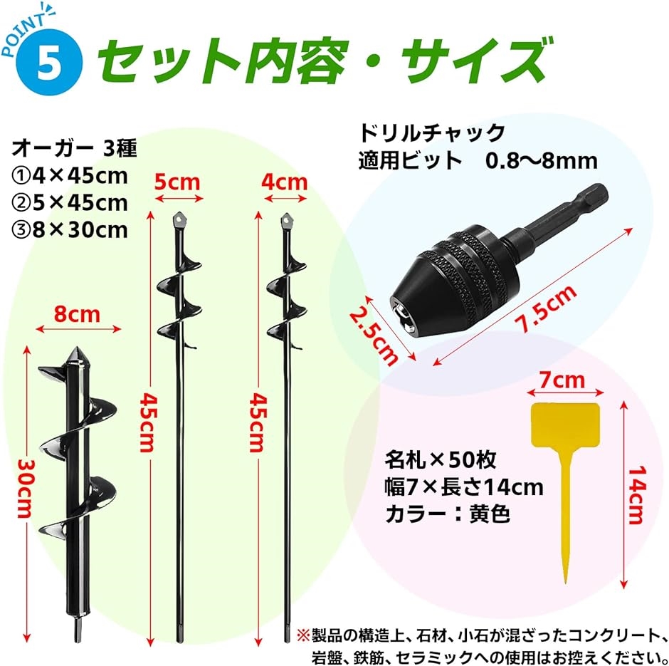 アースドリル アースオーガー 園芸用 支柱 ポール 下穴 電動工具 穴掘り 4 5( 4，5，8cm，ドリルチャック，園芸名札セッ)｜horikku｜03