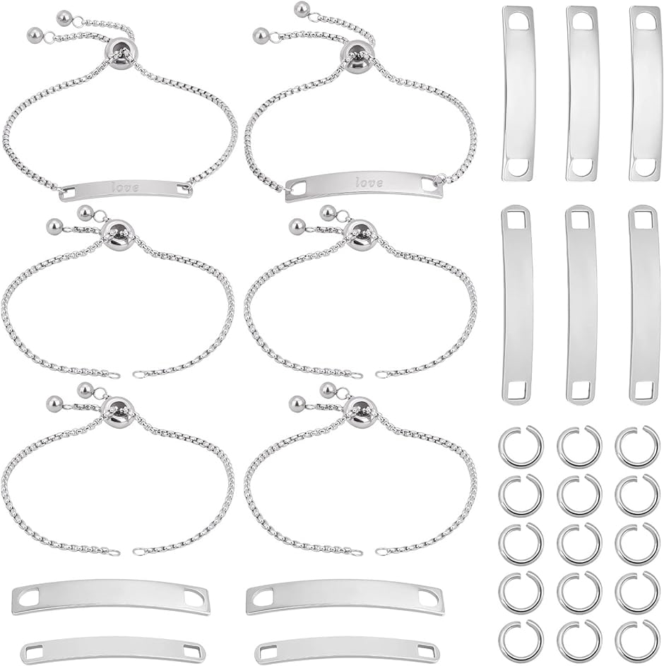 6本 DIYブレスレットキット パーツ スライダーブレスレット 長方形チャーム ネームタグ 手芸( ステンレス色-6本,  24cm)