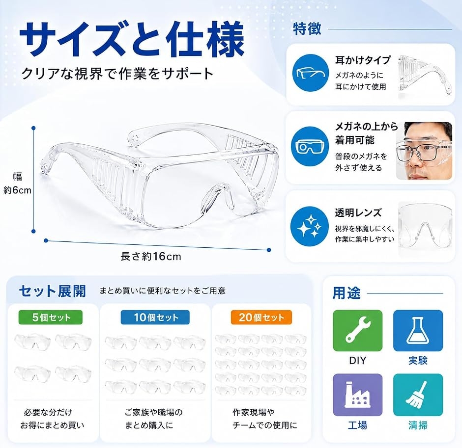 透明度が高く作業の邪魔にならない安心設計 保護メガネ 作業用 防塵