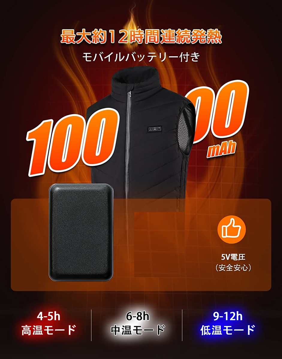 電熱ベスト 15箇所発熱 10000mAh モバイルバッテリー付き 5秒速暖 前後独立制御 日本製複合繊維 ヒーター 発熱ベスト MDM( L)｜horikku｜02