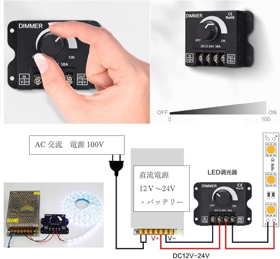 LED調光器 調光スイッチ DC12-24V 30A ディマースイッチ ボリューム式