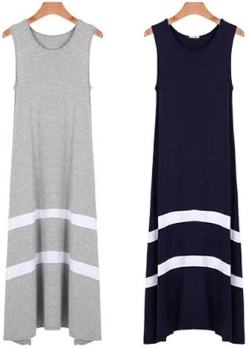 ロングワンピース 裾ストライプ ノースリーブ ひざ下ロング カジュアル