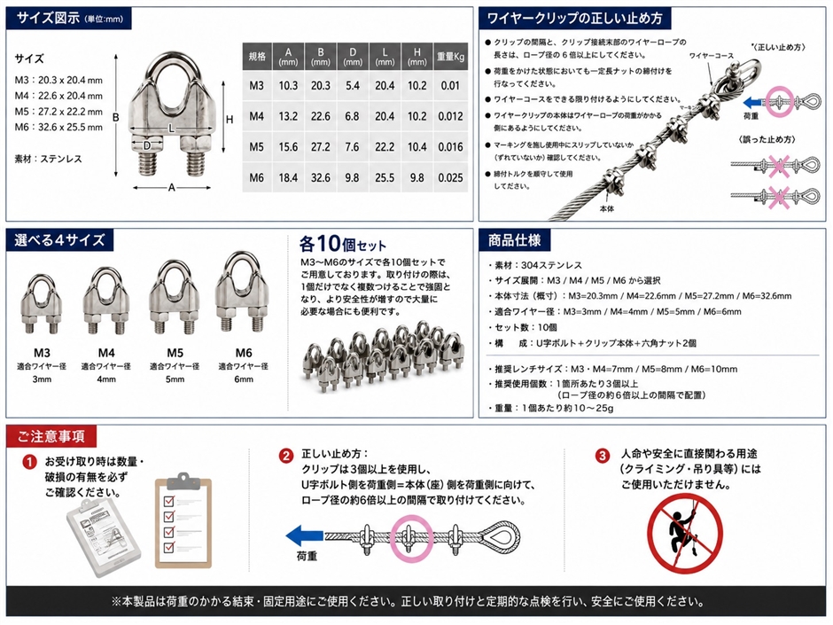 ワイヤークリップ ロープ止め ステンレス 固定金具 10個セット (M6