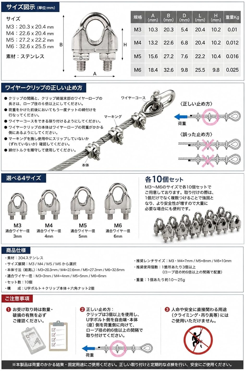 ワイヤークリップ ロープ止め ステンレス 固定金具 10個セット (M4