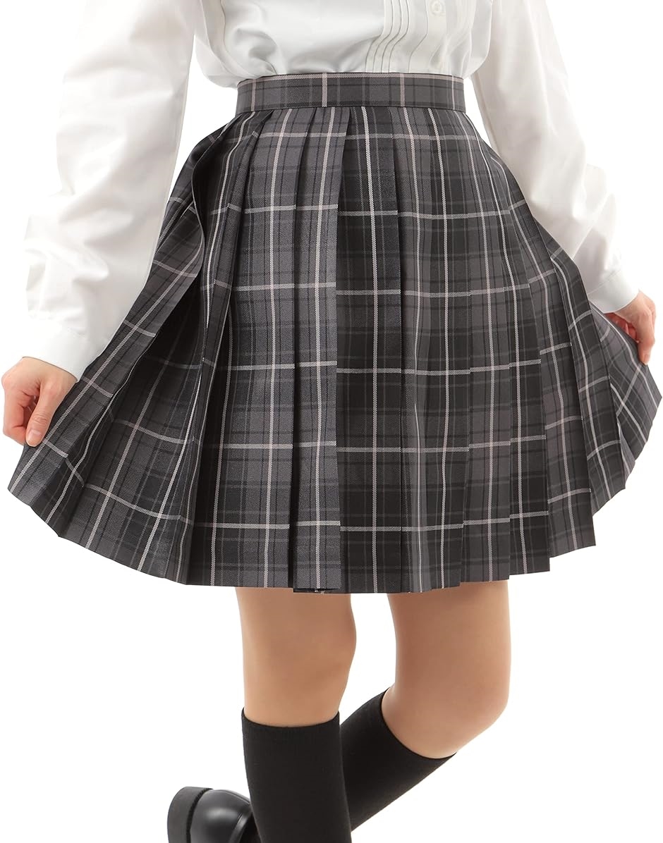 プリーツスカート チェック柄 丈48cm 膝上 スクールスカート 制服 女子高生 e244( グレイ/ダークグレイ/ホワイト, S)