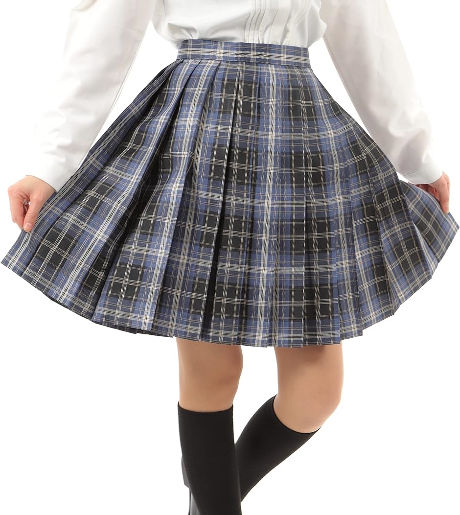 プリーツスカート チェック柄 丈48cm 膝上 スクールスカート 制服 女子高生( ネイビー/ブルー/ホワイトライン, XL)