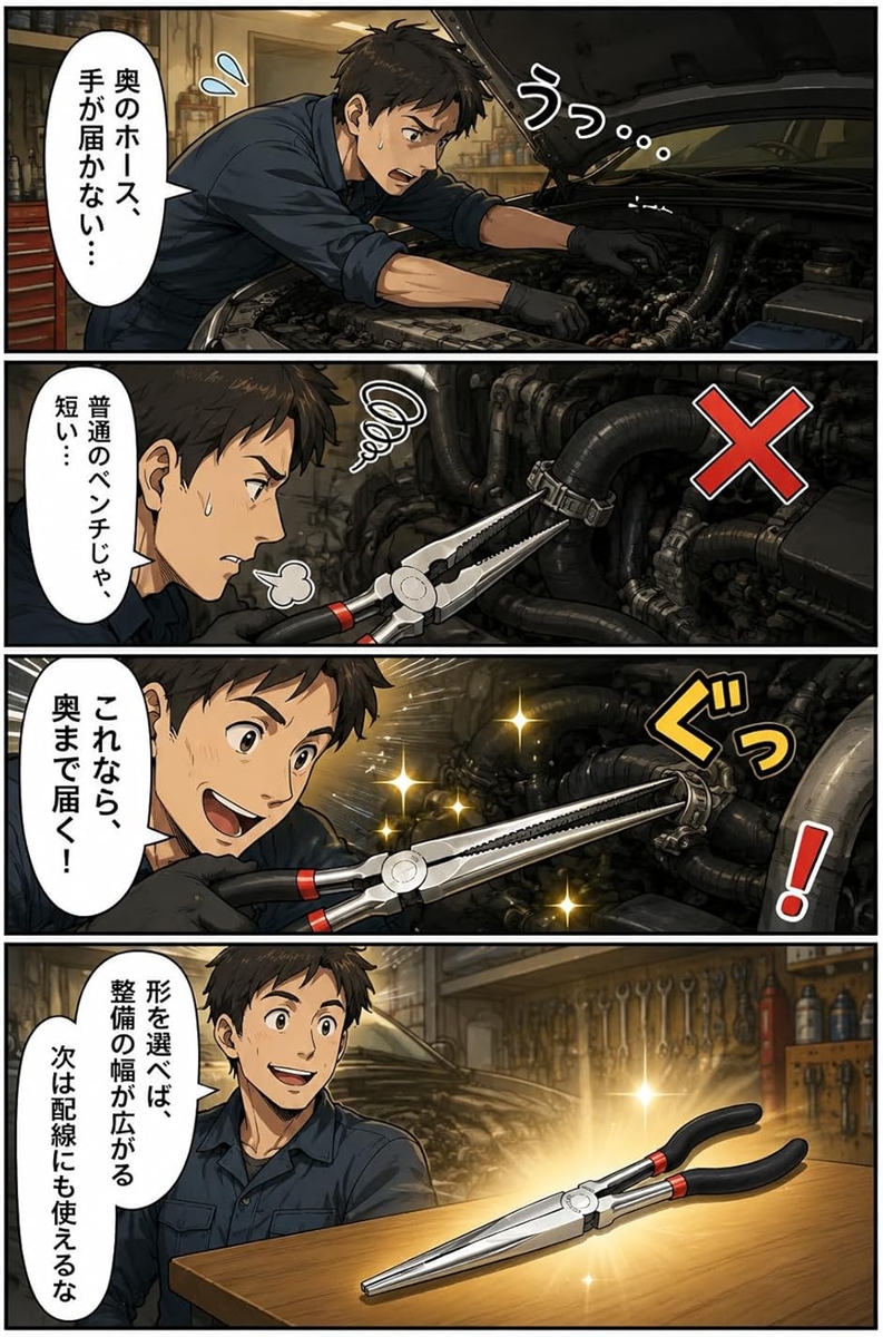 ラジオペンチ ロング 先細 長い 先長 スリム 工具 滑り止め加工 車 (Silver ストレート) 関連画像3