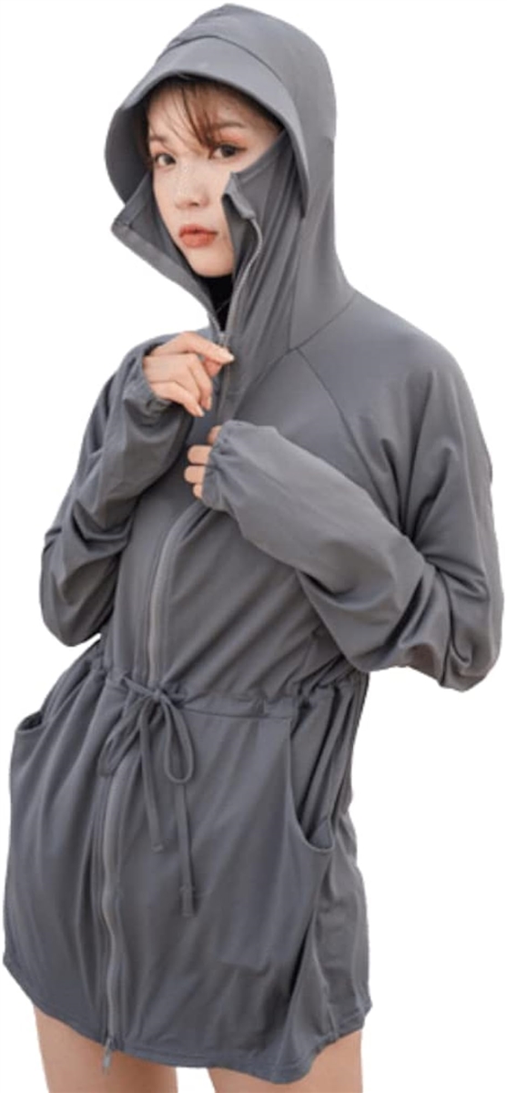 ZAIDEA ラッシュガード レディース ロング 長袖 UVカット 体型カバー 水着 フード( グレー,  LL)