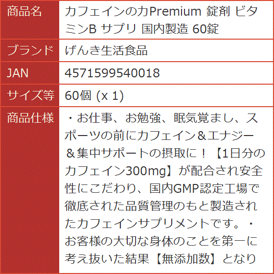 カフェインの力Premium 錠剤 ビタミンB サプリ 国内製造 60錠