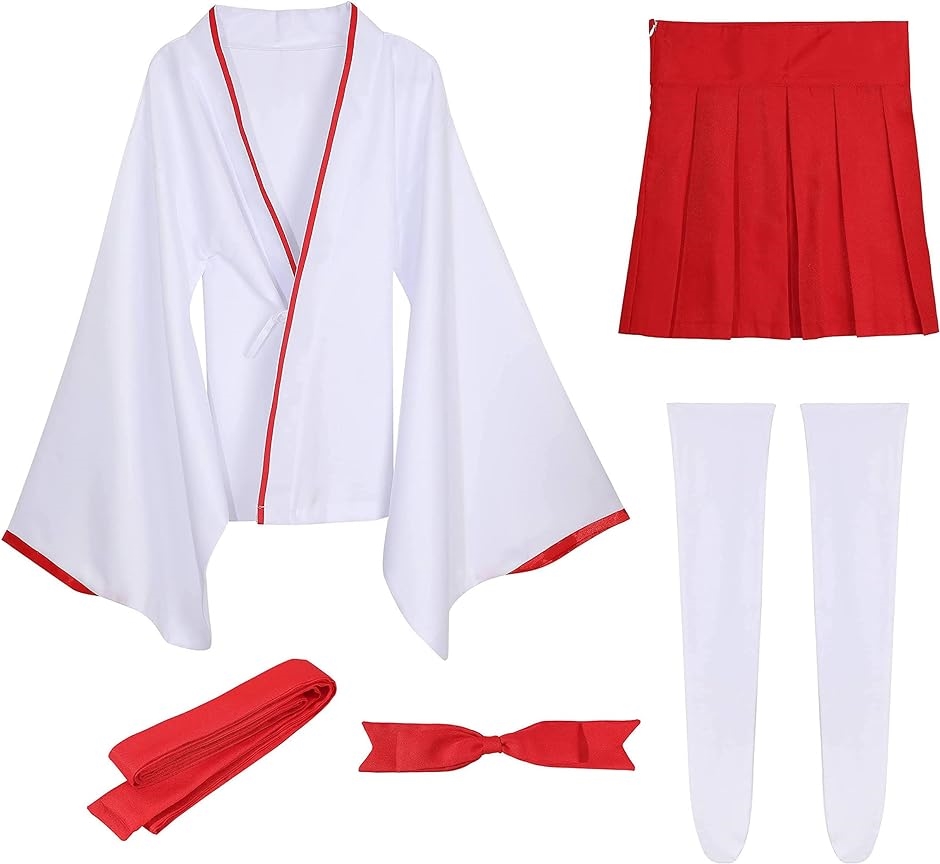大きいサイズ ミニ丈 巫女さん 白ニーソ セット 和服 コスプレ( 赤、白,  XXL)