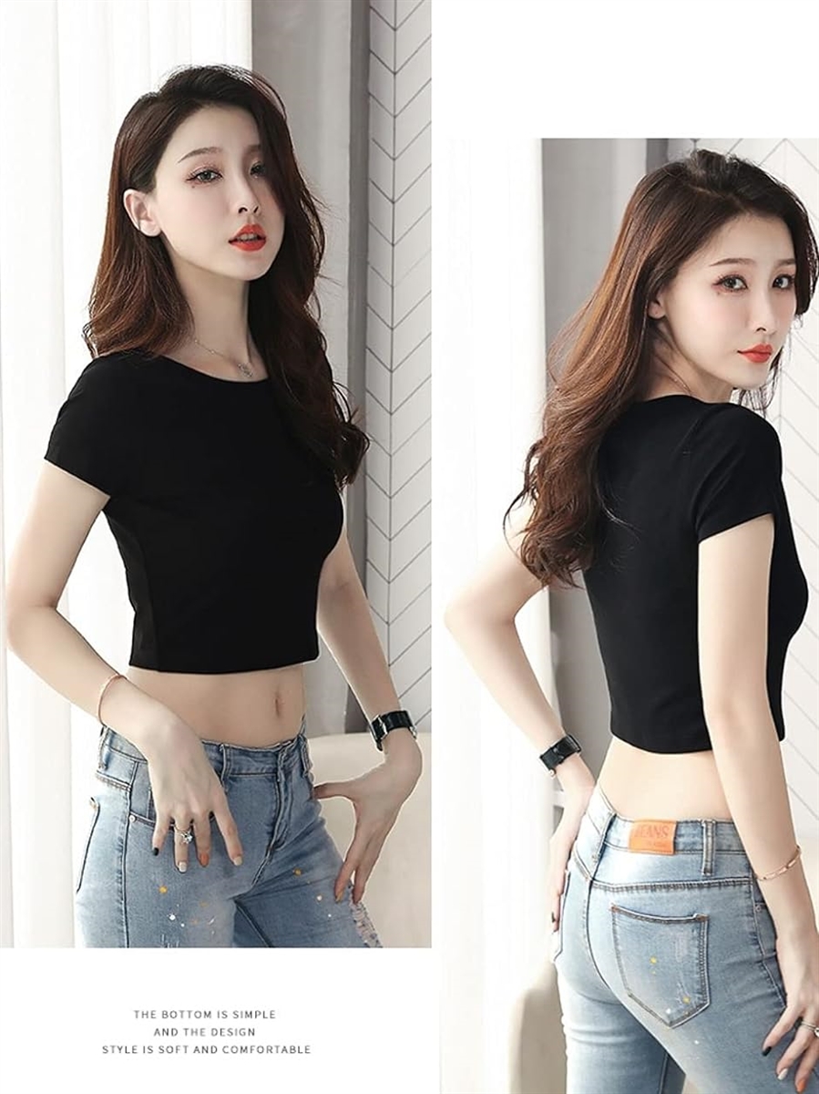 Tシャツ 半袖 ショート 丈 へそ出し 無地 トップス 短め