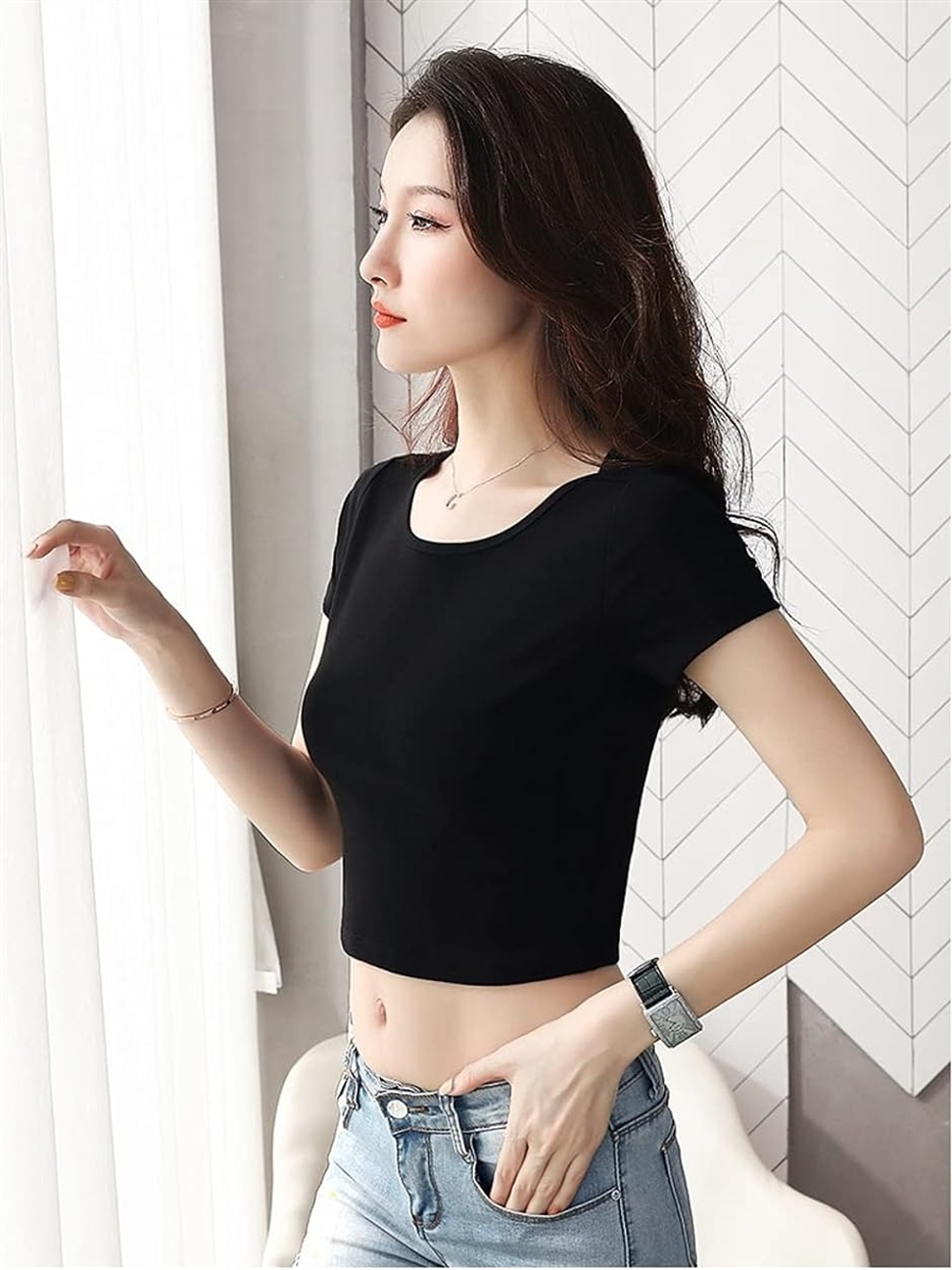 Tシャツ 半袖 ショート 丈 へそ出し 無地 トップス 短め