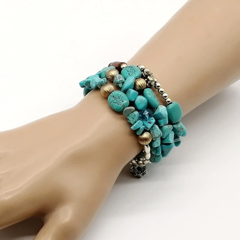ブレスレット ターコイズ レディース バングル 3連 ブルー 異素材