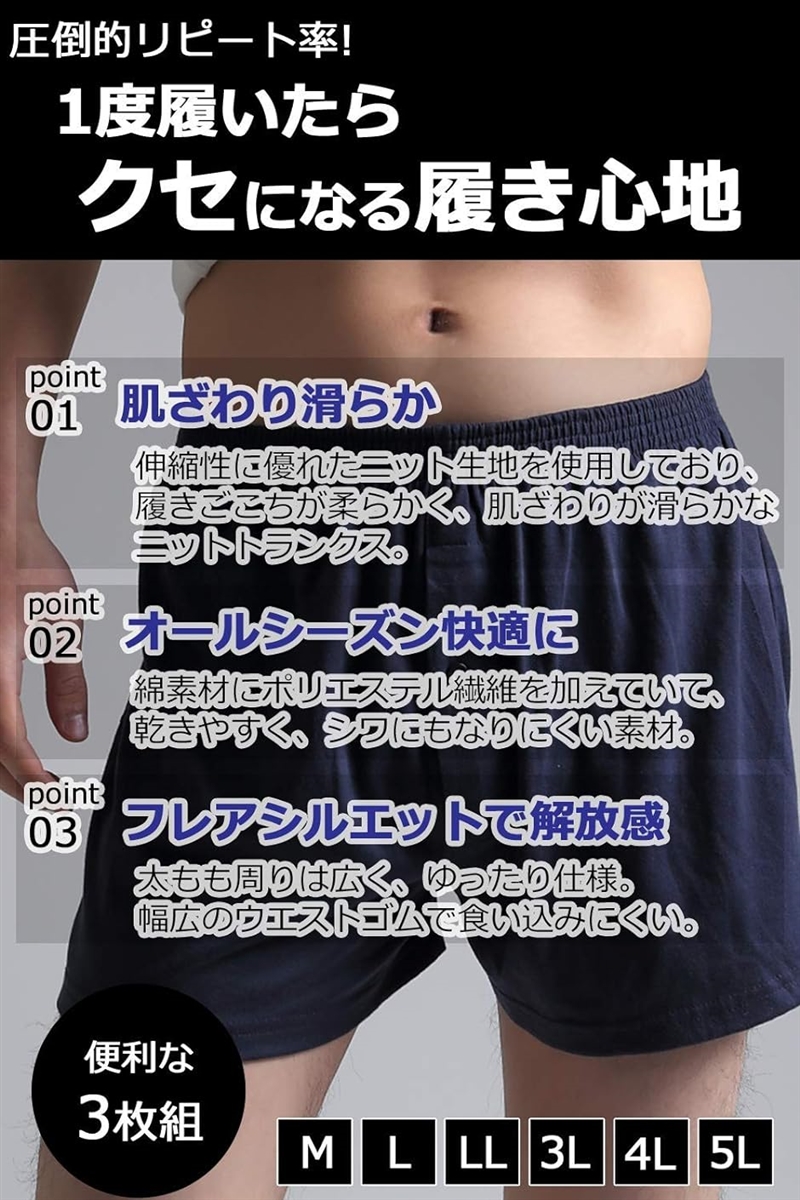 トランクス ニット メンズ パンツ 無地 3枚セット 下着 吸水速乾 抗菌加工 前開き ボタンあり( ネイビー3枚,  5L)