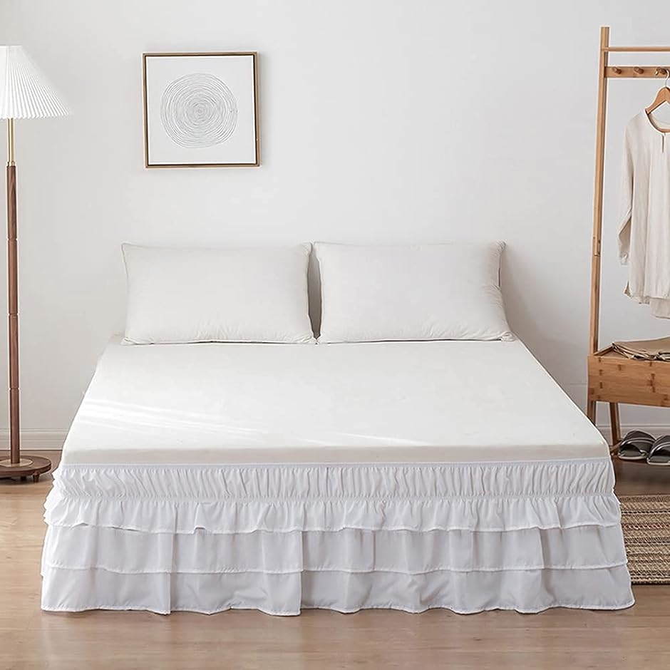 ベッドスカート シングル 簡単フィット ベッド用 伸縮性 フリル付き ベッド飾り MDM( ホワイト,  シングル99cmx190x40cm)