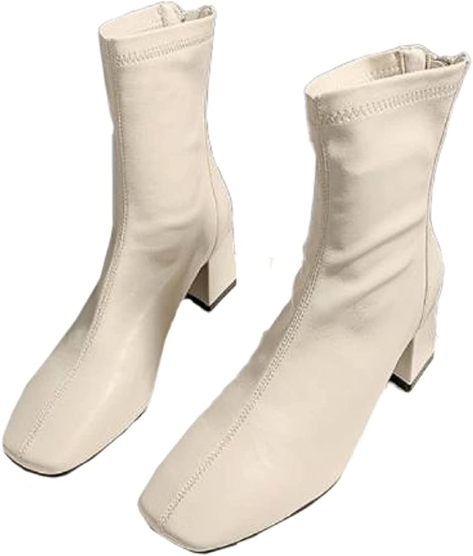 レディー ショート ブーツ 靴 シューズ スクエア ヒール PUレザー ジッパー くつ 23.5cm( ホワイト,  23.5 cm)