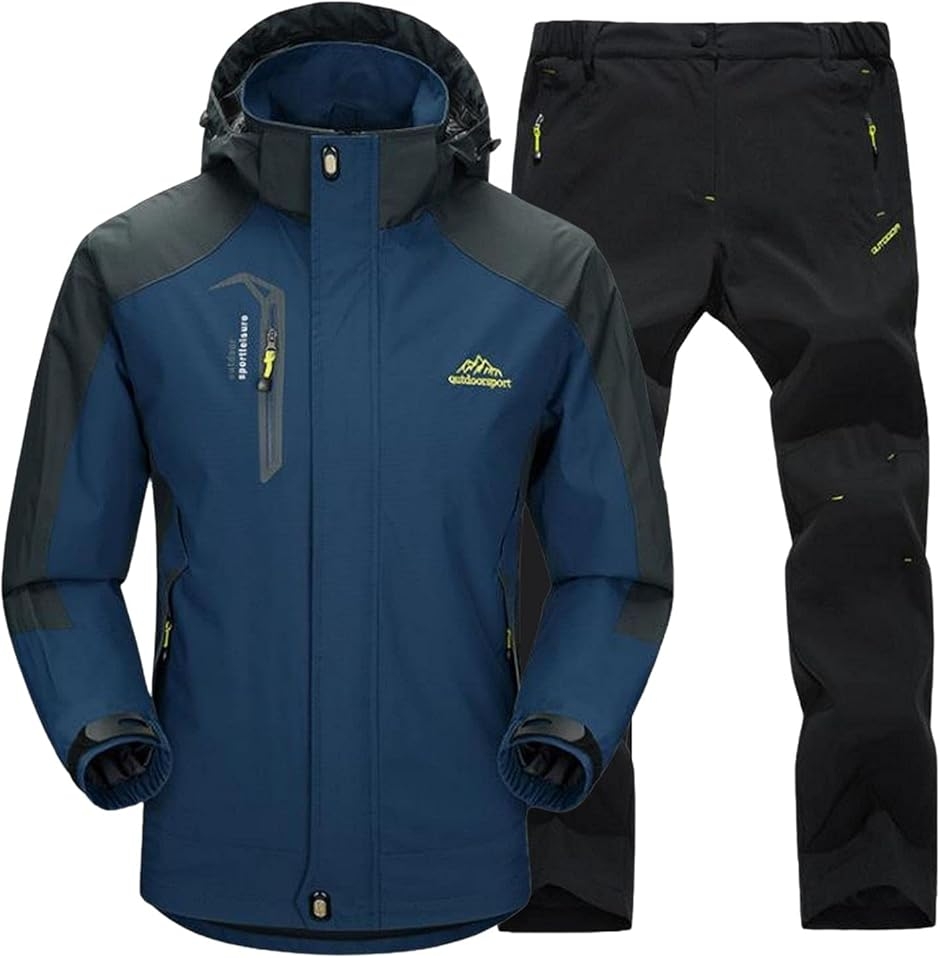 アウトドアジャケット 上下セット メンズ ウェア 登山服 マウンテンパーカー 多機能 防寒 防風 撥水 (ネイビー,  3XL)