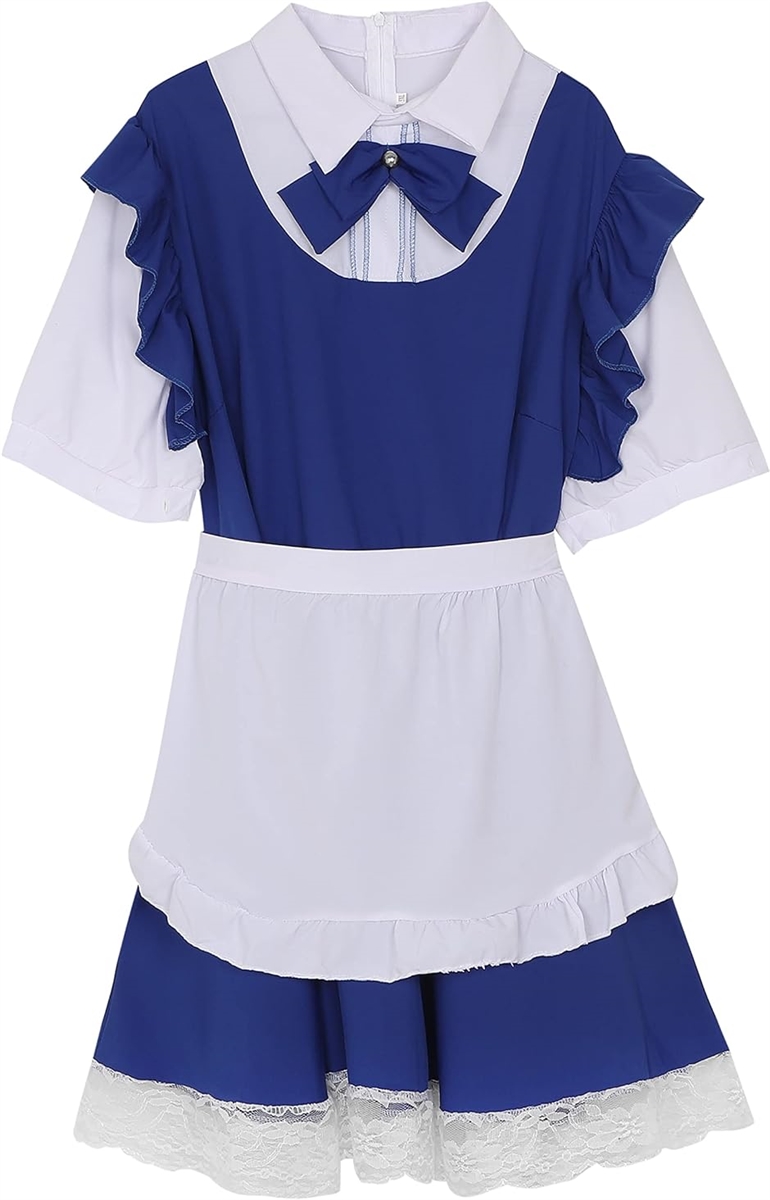 大きいサイズ コスプレ リボン付き 半袖 メイド服( ブルー,  5XL)