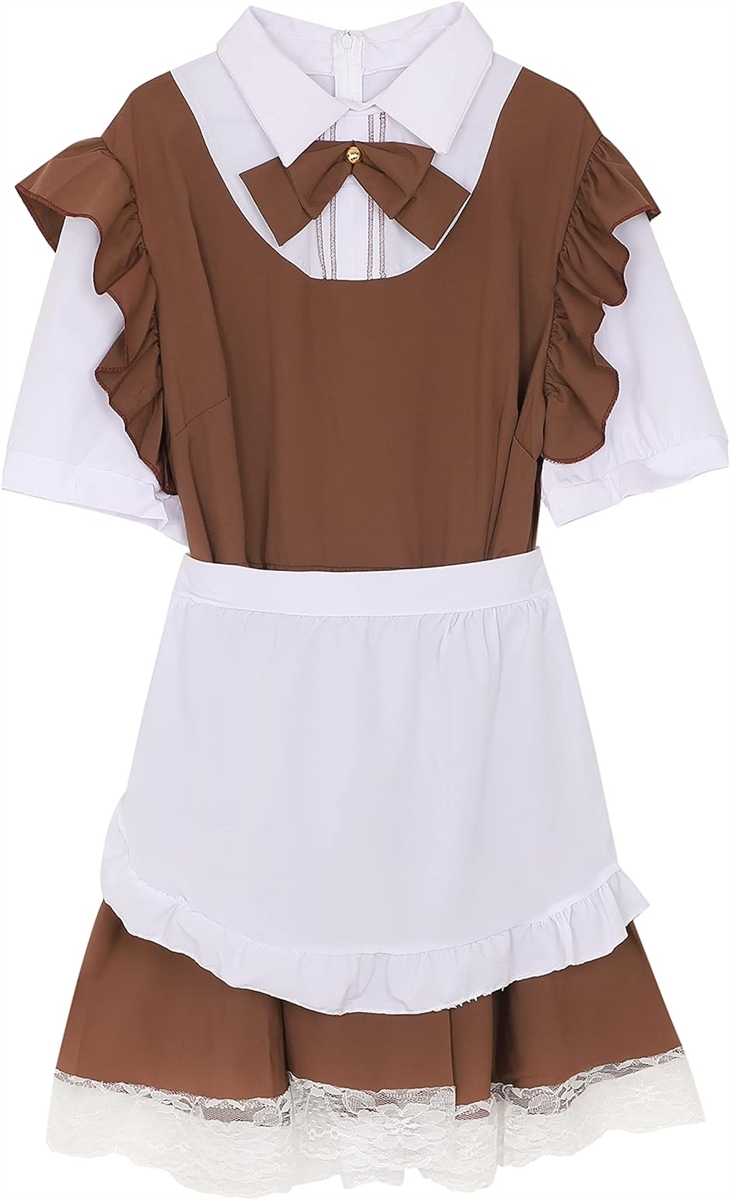 大きいサイズ コスプレ リボン付き 半袖 メイド服( ブラウン,  5XL)
