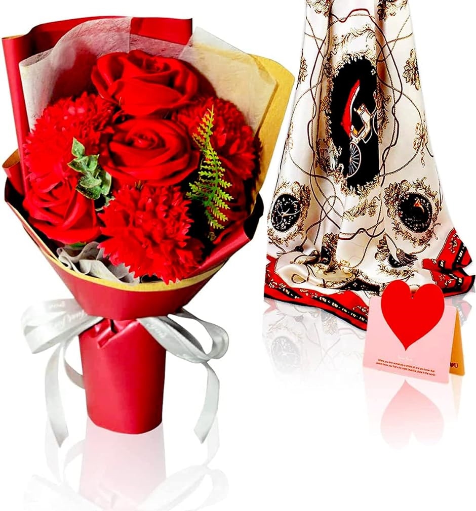 母の日のプレゼント ソープフラワー ギフト 造花 プリザーブドフラワー バラ シルクスカーフ付き メッセージカード付き MDM( 赤い造花)｜horikku