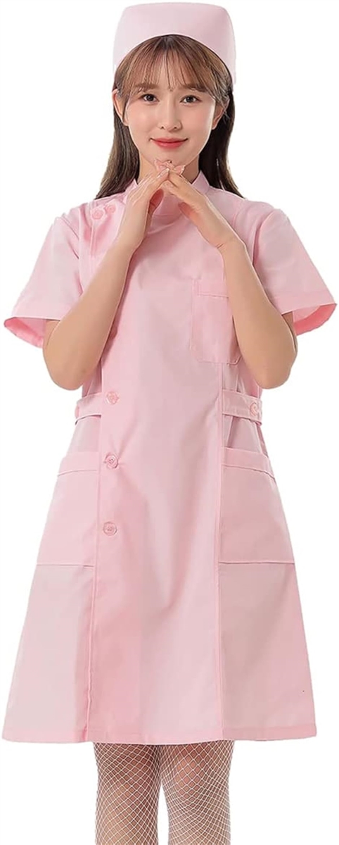 本格的 ナースコスプレ レディース 看護師 制服 衣装 ナース服 キャップ 網タイツ 3点セット ピンク、L( ピンク,  L)