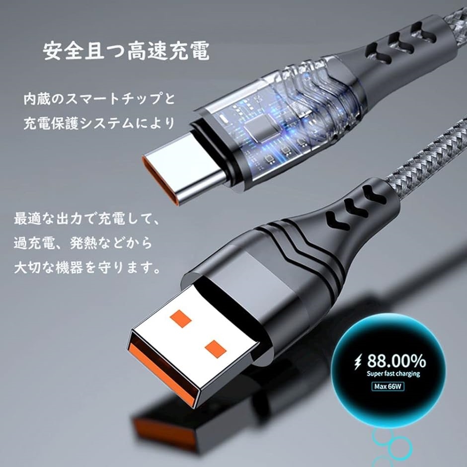 タイプc 充電ケーブル QC3.0対応USBTypeCケーブル 6A 急速充電タイプ ナイロン編み 1Mブラック MDM( ブラック,  1M)｜horikku｜02