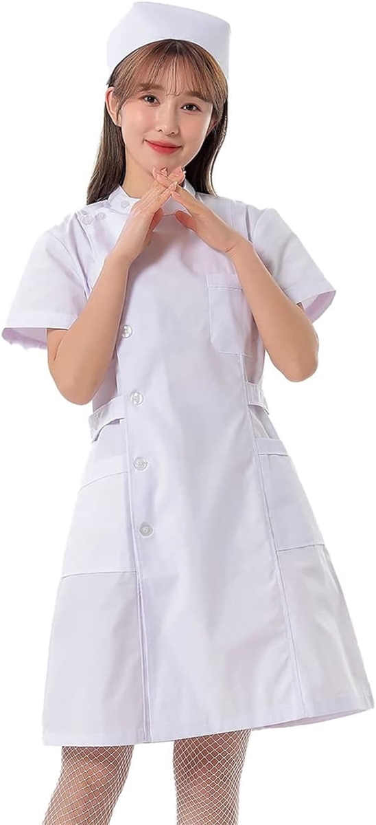 本格的 ナースコスプレ レディース 看護師 制服 衣装 ナース服 キャップ 網タイツ 3点セット ホワイト、M( ホワイト,  M)