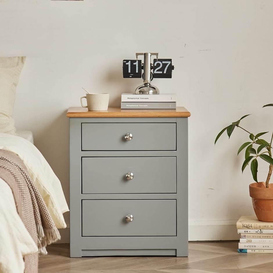 ナイトテーブル サイドテーブル 3段引出し 天然木 オーク材 木製 大