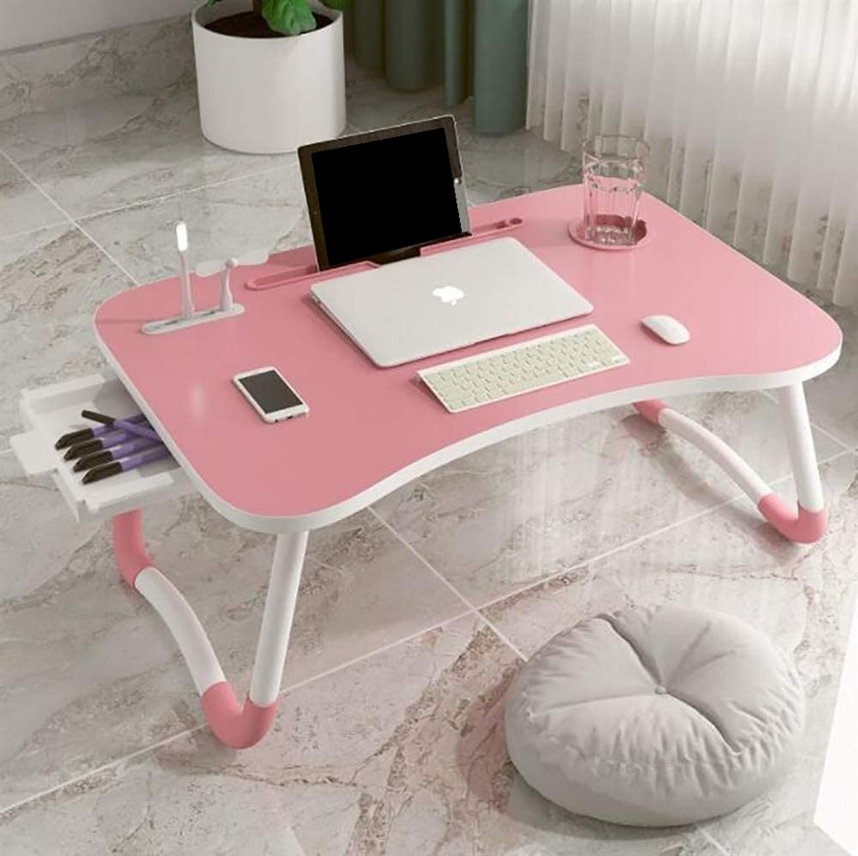 ベッドテーブル ローテーブル USBポート＊4 折り畳みテーブル ノートPCパソコンテーブル ちゃぶ台 軽量( ピンク（引き出し付き）)